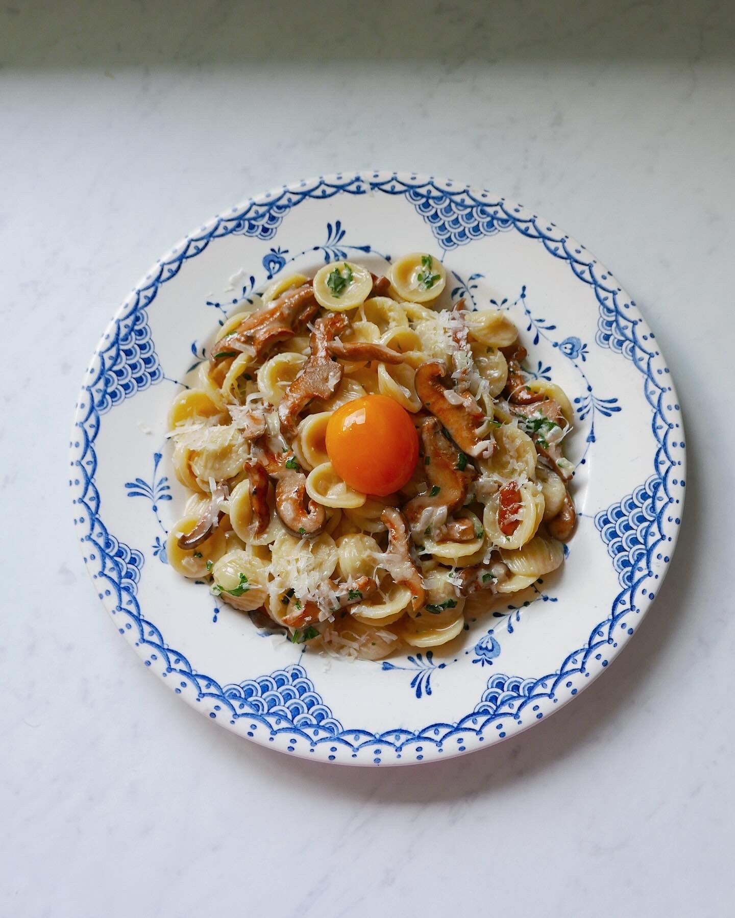 Orecchiette with Saffron Milk Caps + Confit Egg Yolk